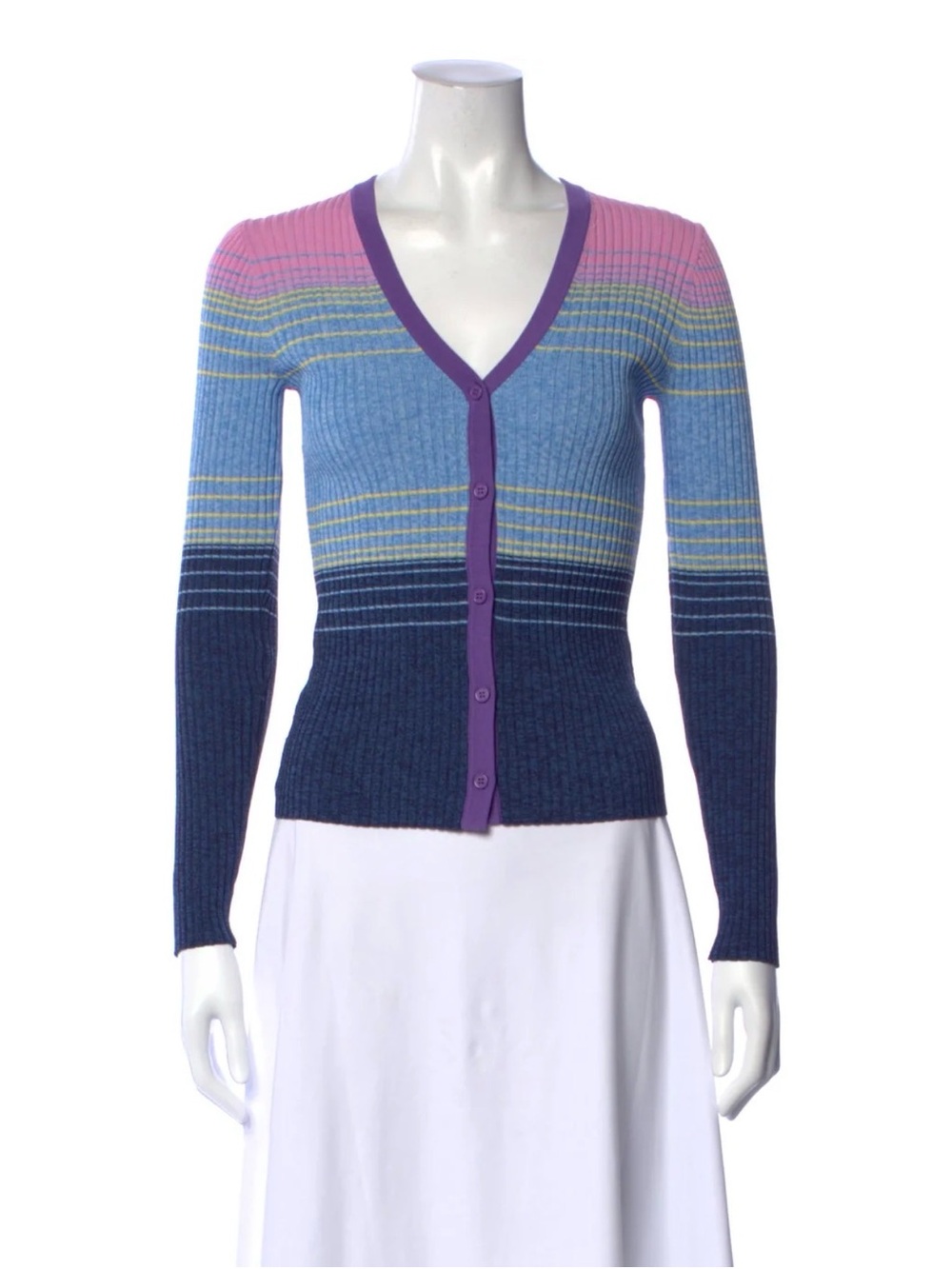 STAUD Multicolor Ribbed V-Neck Cardigan in Pink, Blue & Purple Trim